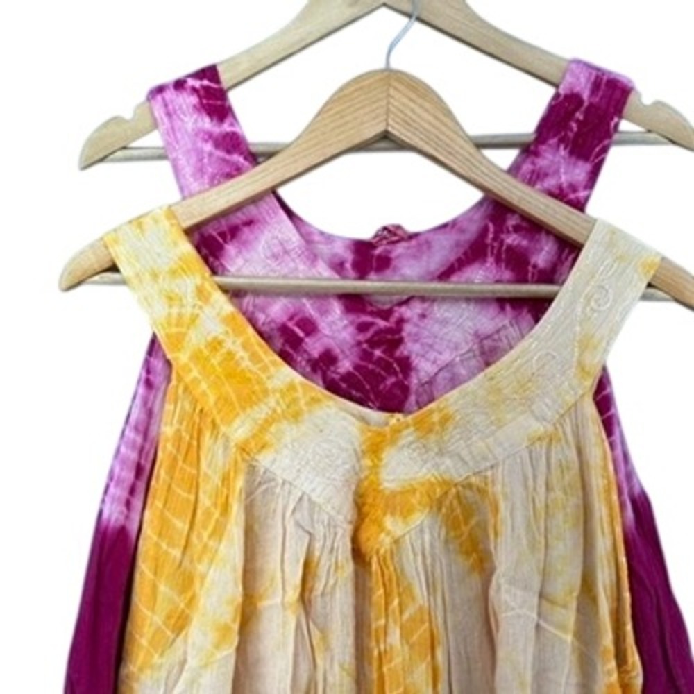 VTG Advance Apparels Tie Dye Cotton Crinkle Midi Dress Set Yellow Magenta OS 2pc
